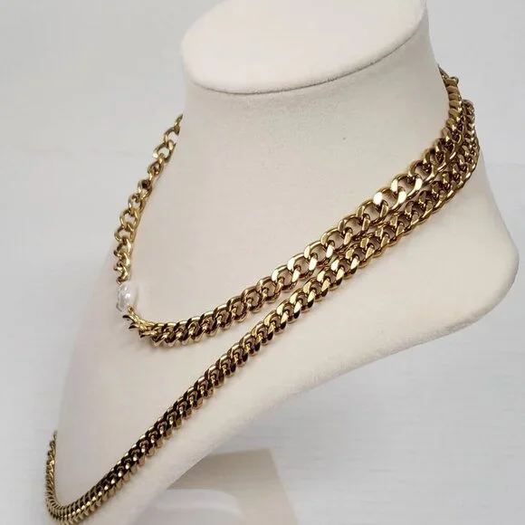 Auth Louis Vuitton Lock&Key Gold w/Unbranded Cuban Style Stainless Double Chain - Picture 2 of 14